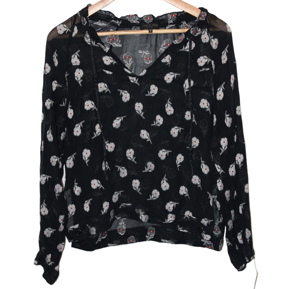 NWOT Rag & Bone Black White Gray Red Floral V-Neck Long Sleeve Blouse Size XS